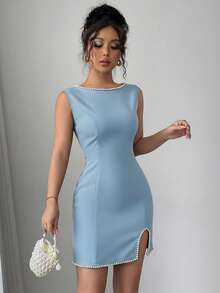 Elenzga Đầm mini nữ thanh lịch, lãng mạn, không tay, cổ tròn, màu đen trắng, dệt kim, đính ngọc trai, xẻ tà ôm sát, thích hợp cho dạo chơi mùa xuân, hẹn hò, tiệc tối, ngày Valentine. - Màu xanh bụi bặm - Xem 6