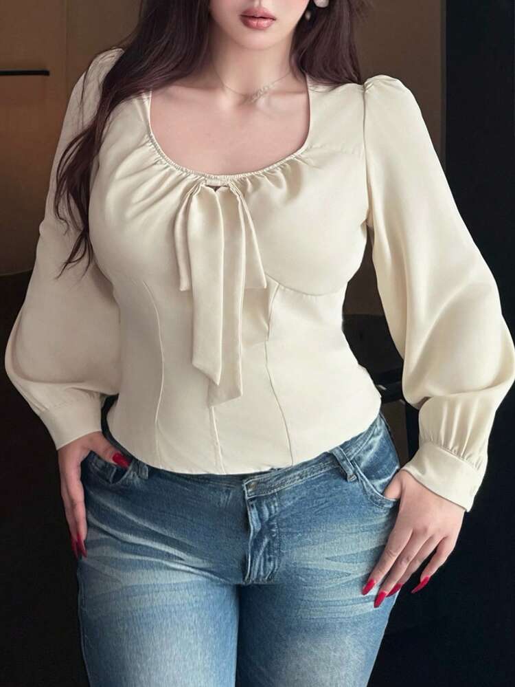 Dazy Plus Plus Size Elastic Fitted Cinched Waist Cropped Long Sleeve White Pullover Shirt