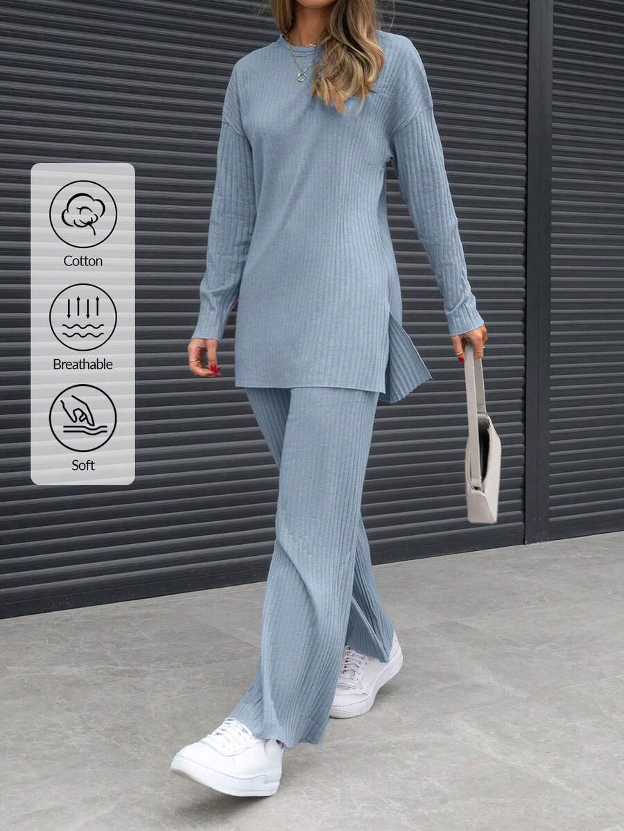 EURMUSE 100% Cotton 2pcs/Set Women's Solid Color Round Neck Long Sleeve Casual Top And Pants Set - Baby Blue - View 1