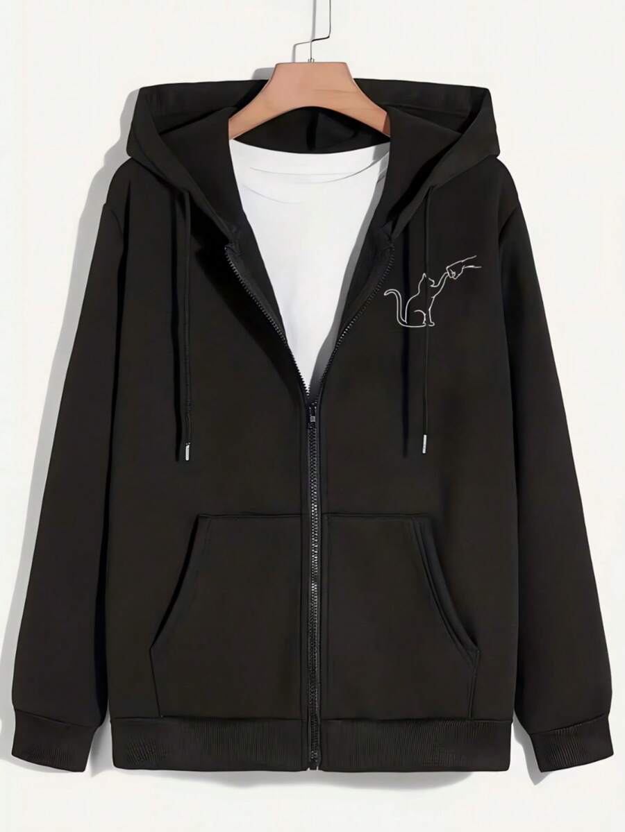 Hombre005 Nueva chaqueta con cremallera, sudadera con capucha diseño trendy, cómoda y duradera, opción preferida para regalos, prenda masculina versátil, envío desde México Sudadera con capucha para hombre con un gracioso diseño de gato dibujado con líneas blancas en el pecho, perfecta para el estilo casual y cómodo - Negro - Ver 1