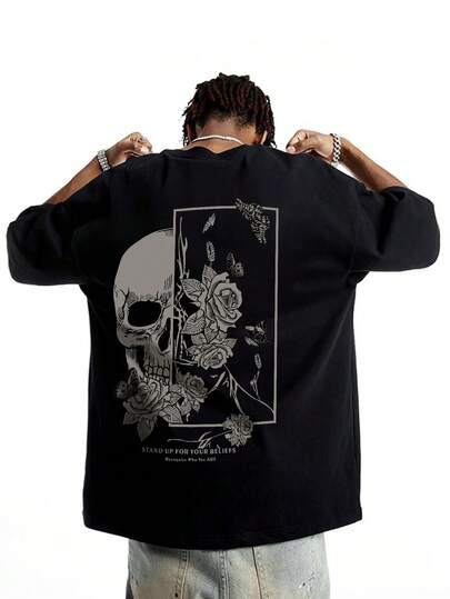 Goth Camiseta de manga corta casual de hombre con estampado de calavera y flores, para verano