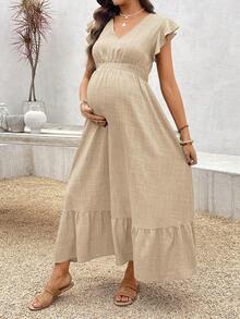 SHEIN Maternity Summer Casual Vacation Style Solid Color Shirred Ruffle Armhole Drawstring Waist Ruffled Hem Dress - Apricot - View 3
