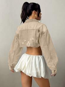 SHEIN ICON Women's Casual Street Style Sexy Flap Pocket Distressed Raw Hem Short Denim Jacket - Apricot - View 2