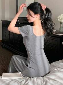 DAZY Women's Square Neck Bodycon Mid-Length Dress, Grey Short Sleeve - Grey - View 5