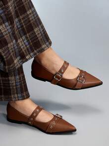 CUCCOO GRLICON 女士尖头搭扣设计时尚百搭平底鞋 - 棕色 - 查看 2