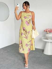Firerie Plus Size Elegant Floral Print Camisole Dress, Suitable For Commuting Floral Dress Women Elegant Women Sundress Summer Elegant Dress Orchid Dress Women Sun Dresses Spring/Summer Casual Vacation Dress For Women Spring/Summer Elegant Dress For Women, Spring Clothing Wedding Dress For Women - Yellow - View 3