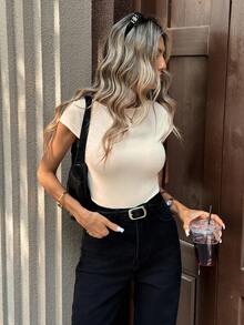 Pariaura Elegant Women's Cream Cap Sleeve Texture Pattern T-Shirt With Bow Knot Back Detail Round Neck Casual Regular Fit Top - Multicolor - View 6