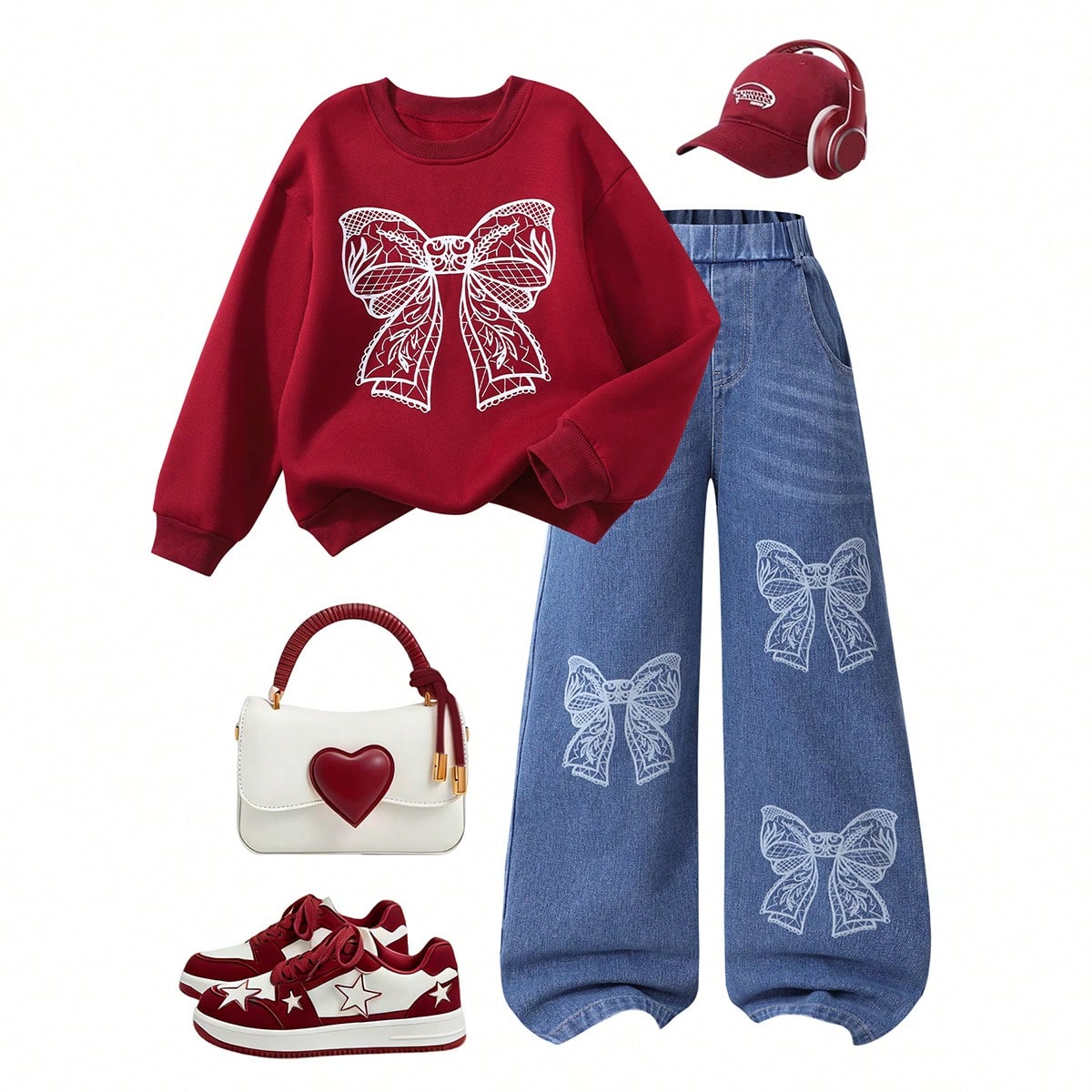 Set de 2 piezas: Sudadera holgada con estampado de mariposa para niñas preadolescentes + Jeans rectos con bordado de mariposa en lavado rosa para ni?