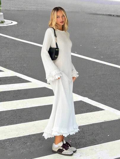 SHEIN EZwear 女士长袖圆领喇叭袖口纯色毛衣连衣裙，秋冬