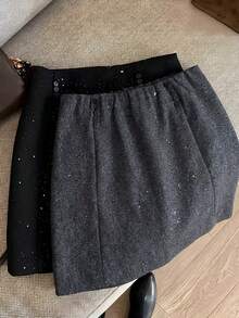 Franclia 灰色羊毛混纺亮片装饰高端时尚法式风格纽扣前开襟女装 - 深灰色 - 查看 4