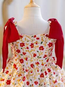 SHEIN Young Girl Ditsy Floral Slip Princess Dress,White Summer Party Flower Girl Dress,Woven Contrast Color Square Neck Cherry Dress For Kids Daily Wear - Hot Pink - View 8