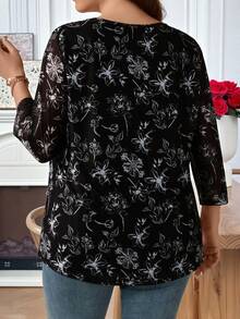 EMERY ROSE Áo nữ cỡ lớn thời trang thường ngày mùa thu/đầu xuân, họa tiết hoa đen, tay lửng, kiểu dáng giản dị, thích hợp đi nghỉ mát, áo nữ cỡ lớn, áo kiểu babydoll, áo hoa đen, đi chơi, mẫu mới 2026, đơn giản và thời trang cho buổi tối, đầu xuân, kỳ nghỉ, ngày lễ, mùa xuân, ngày Valentine, áo kiểu cỡ lớn, áo kiểu họa tiết hoa cỡ lớn, áo nữ cỡ lớn thường ngày. - Đen và trắng - Xem 2