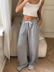 CovetEZ Women's Casual Plaid Lace-Up Loose Fit Pants - Blue - View 1