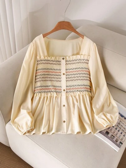 CosyJoli 大码休闲拼色褶皱A字灯笼袖衬衫