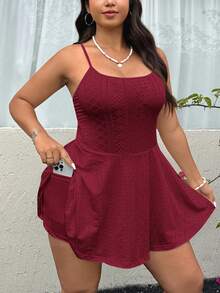 Solflare 大码女式提花吊带休闲连体裤，带口袋 - 酒紅色 - 查看 3