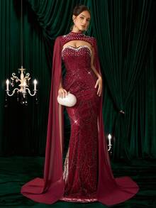 Coutiva Elegant Sequin Beaded 2-Piece Set Luxury Strapless Slim Mermaid Evening Dress,Heavy Workmanship Formal Gown For Wedding Guest,Party & Graduation - Burgundy - View 2