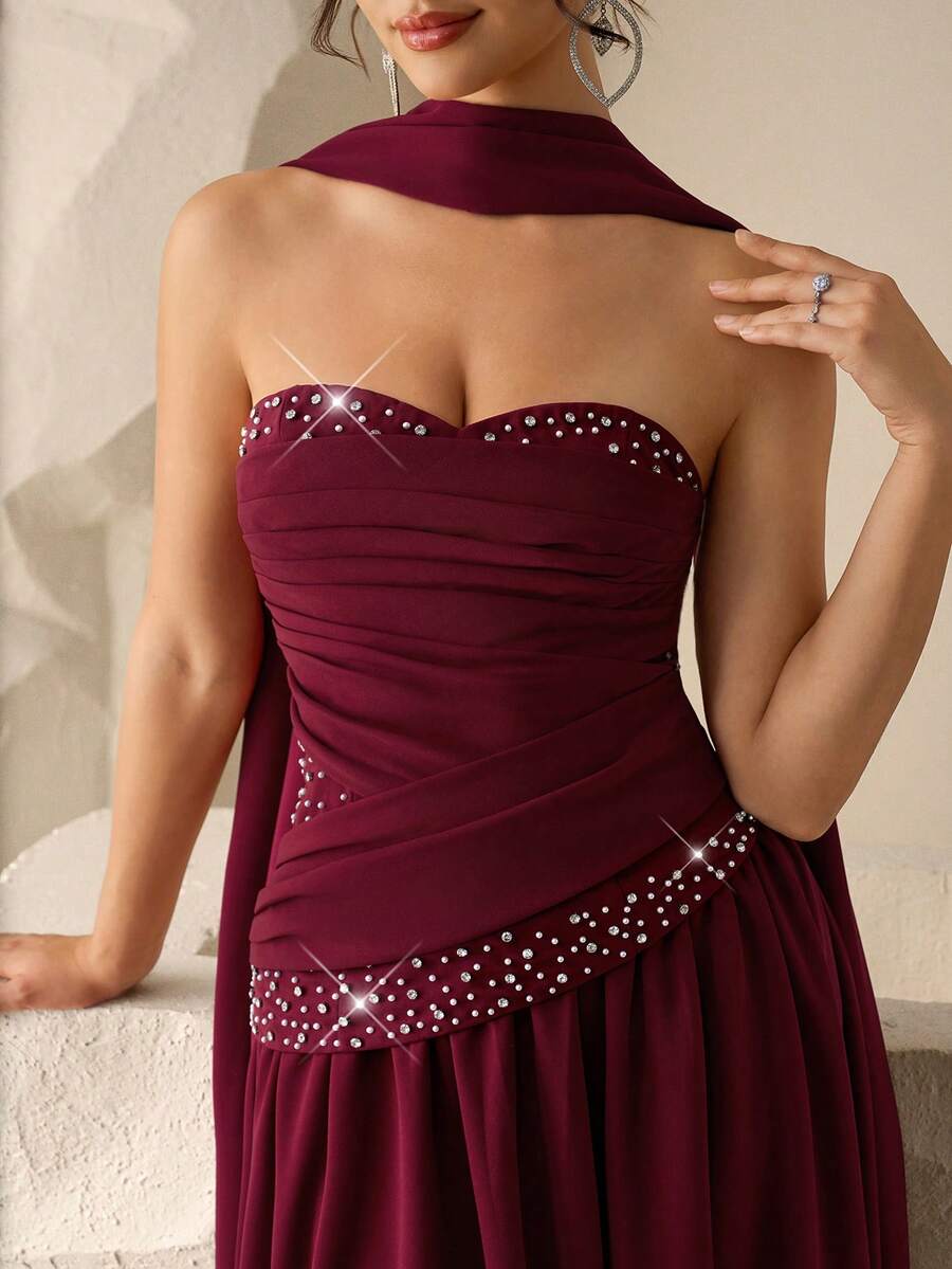 Coutiva Women's Elegant Crystal Embellished Formal Evening Gown - Burgundy - View 1