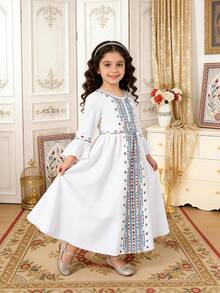 Young Girl' Traditional Cute Minimalist Round Neck Long Sleeve Pleated Dress, Suitable For Holidays, Spring/Summer - White - View 6
