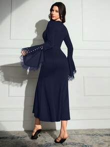 Modelyn Women's Round Neck Long Sleeve Lace Patchwork Fitted Long Black Formal Elegant Dress Long Evening Dresses - Navy Blue - View 4