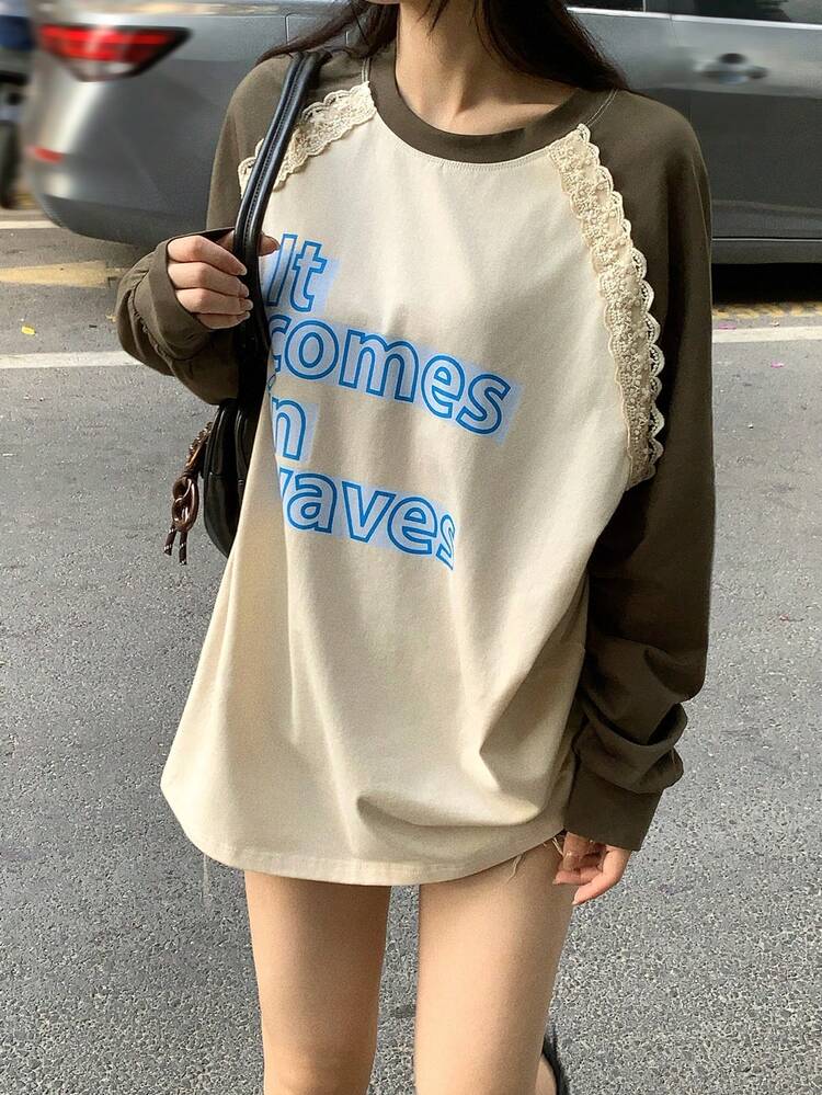 Women's Round Neck Contrast Color Raglan Sleeve English Print Long Sleeve T-Shirt Spring Graphic Tees Women