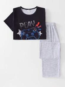 Boys' Casual Video Game Graphic Short Sleeve Top And Pants Pajama Set - Black - View 7