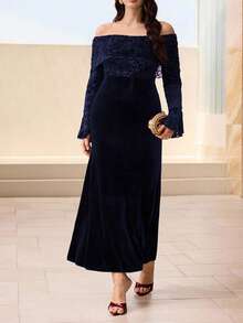 Modelyn 大码女士优雅丝绒拼接露肩鱼尾喇叭袖长连衣裙，适合派对场合，秋冬季 - 寶藍色 - 查看 6