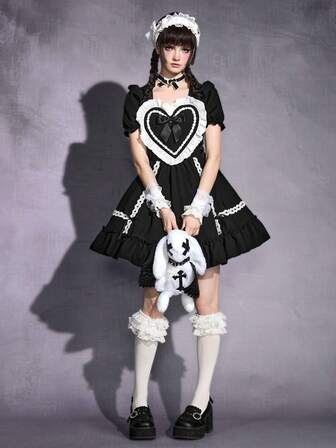 Goth Abito Lolita da donna con balze a forma di cuore e orlo a ruffle, stile gotico