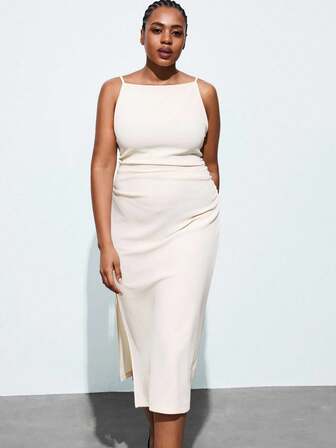 Maija Plus Size Women New White Elastic Waist Spaghetti Strap Dress, Elegant For Daily, Work, Dating, Commute, Vacation, Graduation, Music Festival, Easter  Fashion, Versatile;  Comfortable,  Stylish, Elegant, Casual, , Simple Daily Wear, Essential, Solid Color, Holiday Casual, Decent, Single Lady,  Elegant Fashion Business Casual Woman Going Out Tops Graduation Outfit  Steacher Outfits For Women Cream Midi Dress Plus Size Plus Size Midi Dress Curve Midi Dress Plus Size Cream Dress Ivory Midi Dress Plus Size,Homecoming Dress All Women Clothes Autumn Clothes  Going Out Tops Women Date Night Outfits Women Curvy Midi Dress