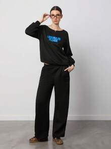 SURIMA 2 piezas Conjunto de mujer con sudadera holgada de hombros descubiertos y pantalón ancho de chándal, forro térmico grueso, adecuado para otoño/invierno