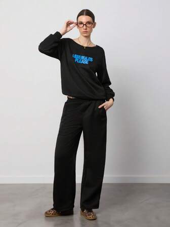 SURIMA 2 piezas Conjunto de sudadera holgada con hombros descubiertos y pantalón ancho de pierna para mujer, con forro polar grueso, adecuado para otoño/invierno