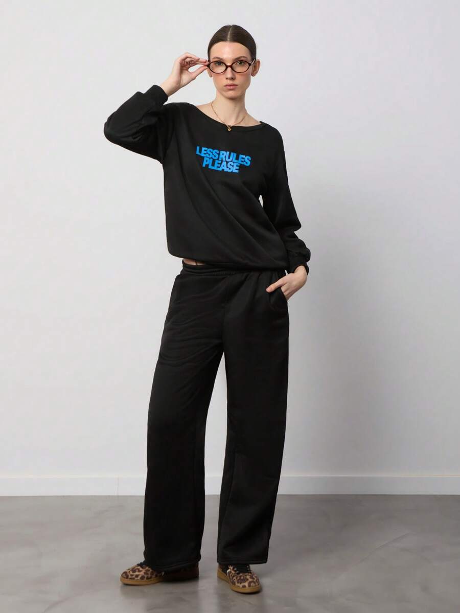 SURIMA 2 piezas Conjunto de mujer con sudadera holgada de hombros descubiertos y pantalón ancho de chándal, forro térmico grueso, adecuado para otoño/invierno