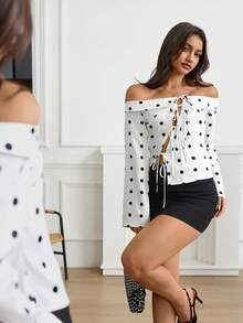 Aidyla Off Shoulder White Polka Dot Tie-Up Hollow Sexy Blouse - Black and White - View 7