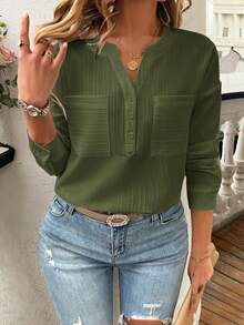 EMERY ROSE Camisa casual de mujer de unicolor con cuello en V y hombros caídos - Verde militar - Ver 6