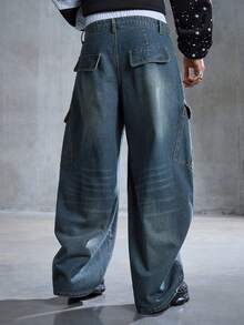 ROMWE MEN Street Life 男士蓝色字母印花工装裤 - 藍色 - 查看 3