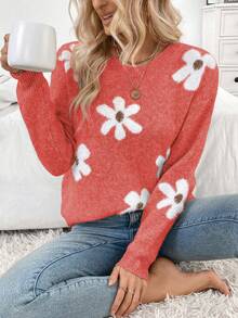 EMERY ROSE Suéter de punto holgado de manga larga con cuello redondo y estampado de flores esponjosas, para mujer, para otoño/invierno - Naranja - Ver 4