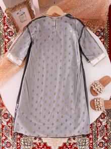 女童白色波点箔印金色花卉滚边长袖连衣裙，配黑色网纱罩衫，中东时尚奢华两件套 - 白色 - 查看 2