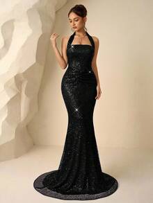 Coutiva Elegant Sequined Halter Neck Slim Fit Party Dress For Women,Luxury Sparkly Black Glitter Sequin Cocktail Birthday Graduation Wedding Guest Dress - Black - View 3