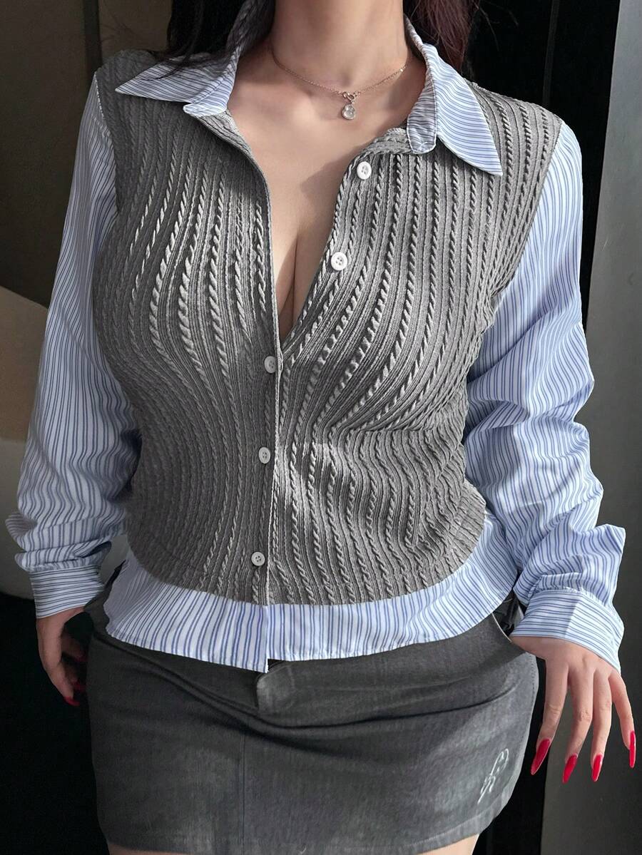 Dazy Plus Áo sơ mi cổ bẻ phối màu 2 trong 1, dáng ngắn, ôm sát, màu trơn, cỡ lớn, phong cách preppy dành cho nữ. - Xám - Xem 1