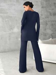 EURMUSE Cotton Solid Split Hem Tee & Flare Leg Pants - Navy Blue - View 2