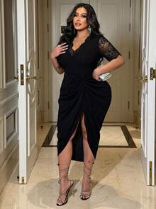 NU&NOW Đầm dự tiệc ngắn tay cổ chữ V phối ren dành cho nữ cỡ lớn, đầm cocktail mini gợi cảm xẻ tà. - màu đen - Xem 5