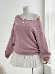 Sweetra Áo len tay dài dáng rộng màu trơn họa tiết ngọc trai giả cỡ lớn cho nữ, mùa thu - Bụi hồng - Xem 4