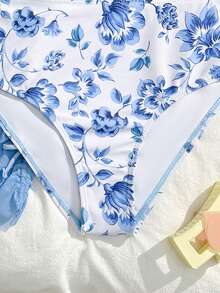 SHEIN 青少年女孩3件組花卉比基尼套裝附網紗沙灘裙，嬰兒藍，夏季熱帶海灘度假假日高腰印花泳衣 - 藍色 - 查看 6