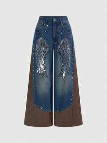 ROMWE J-Fashion 女士复古朋克街头风音乐节PU拼接翅膀亮片刺绣阔腿牛仔裤 - 藍色 - 查看 1