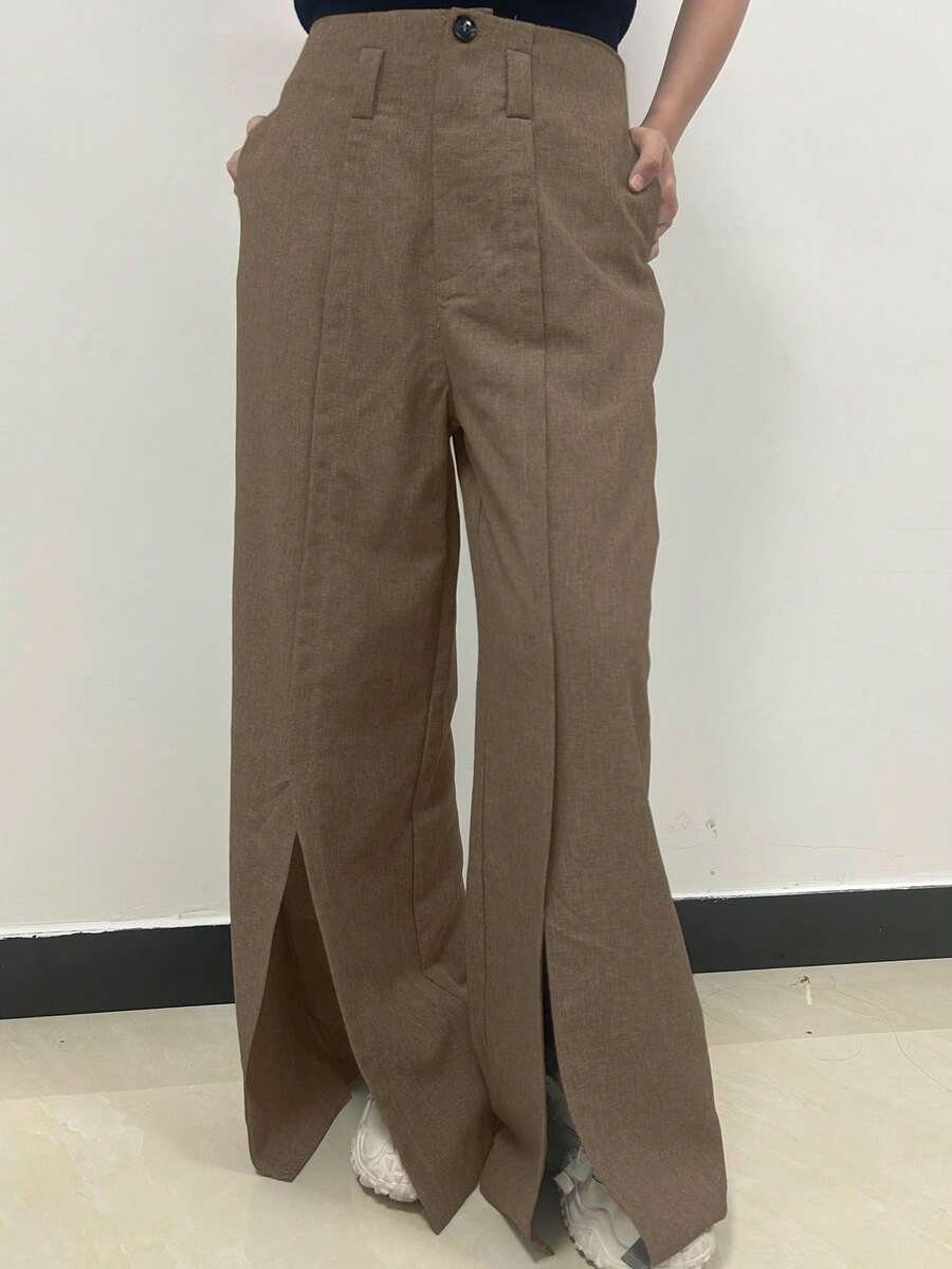 Chiquease Solid Color Casual Wide-Leg Palazzo Pants For Daily Wear - Brown - View 1