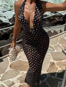 Swim Vcay 2026新款黑色底白色波点网纱泳衣罩衫，深V领露背设计，复古沙滩风 - 黑與白 - 查看 3