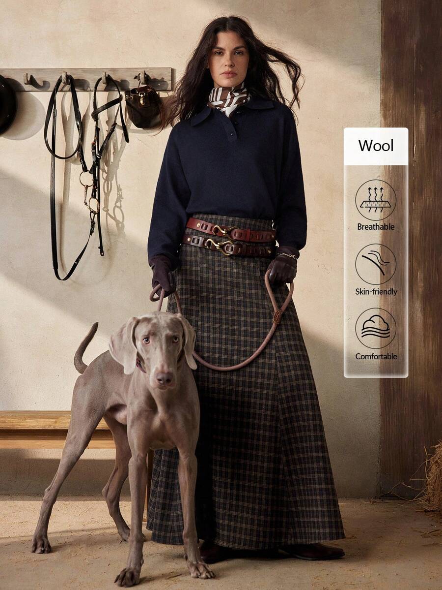 SHEIN PETITE Women's Minimalist Pleated Elastic Waist Midi Skirt, Vintage Plaid Pattern, Suitable For Office Commute, All Seasons