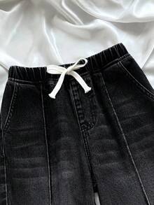 SHEIN 少女纯色休闲牛仔裤 - 黑色 - 查看 6