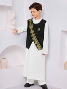 SHEIN 2件装斋月几何图案立领衬衫和背心套装，传统阿拉伯服装，适合中东季节穿着 - 彩色 - 查看 1