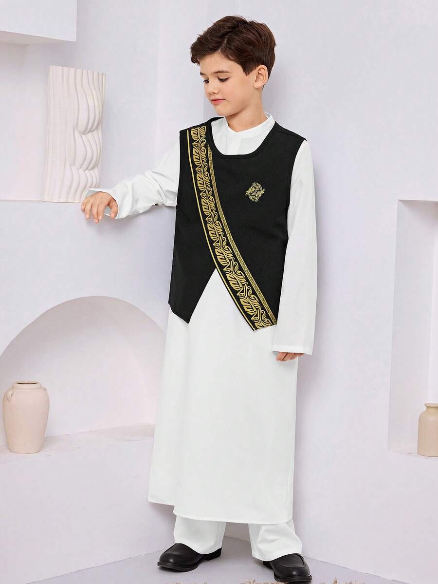 SHEIN 2件装斋月几何图案立领衬衫和背心套装，传统阿拉伯服装，适合中东季节穿着 - 彩色 - 查看 1