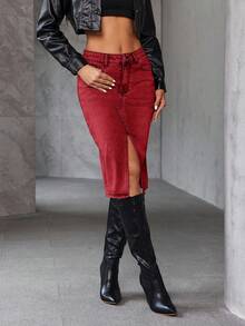 SHEIN Essnce Women's Fashionable Versatile Denim Skirt With Pockets And Side Slit, Suitable For Parties And Outings - Burgundy - View 6